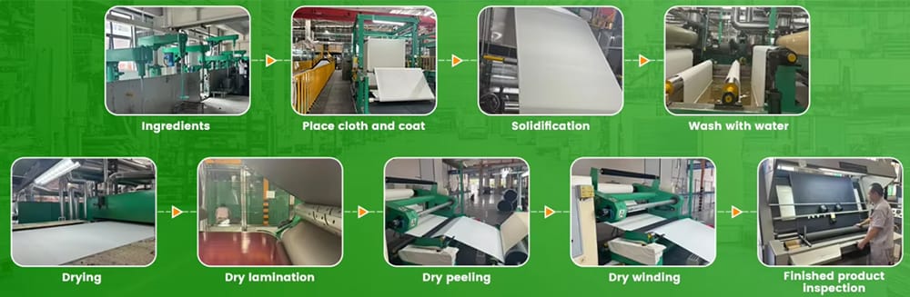 Imagens do processo de produção do fabricante de couro PU Yudeng