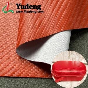 3D織り目加工カーボンファイバー柄レッドPUレザー(パッケージ表面・箱カバー用)(熱プレス加工可能)