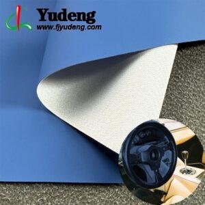 Material de cuero sintético PU ecológico azul en rollo para asientos de automóviles e interiores de automóviles.
